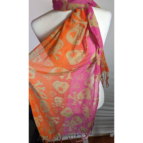Gothic Voodoo Pink And Orange Skull Print Scarf With Fringe And Bead Accents - Picture 7 of 8